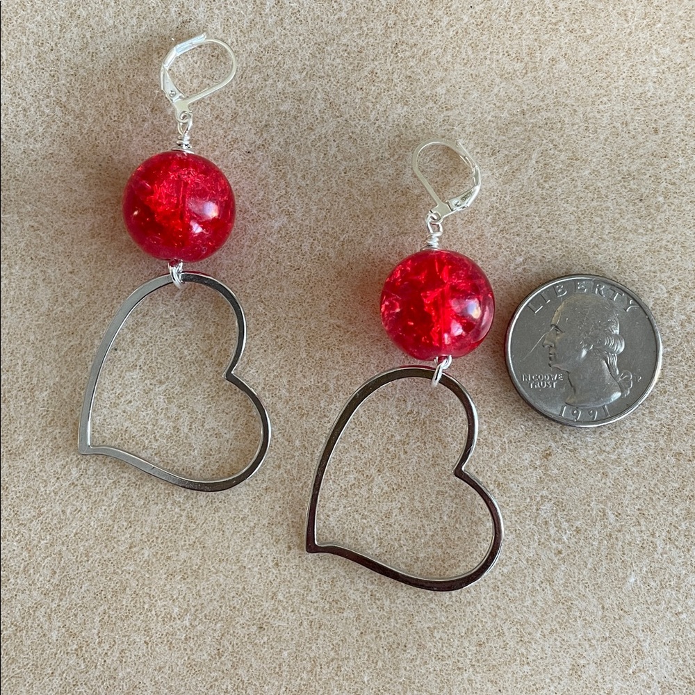 HAND CRAFTED OPEN HEART DANGLE EARRINGS WITH RED CRACKLE BEADS Boho Heart Drops - Picture 8 of 8